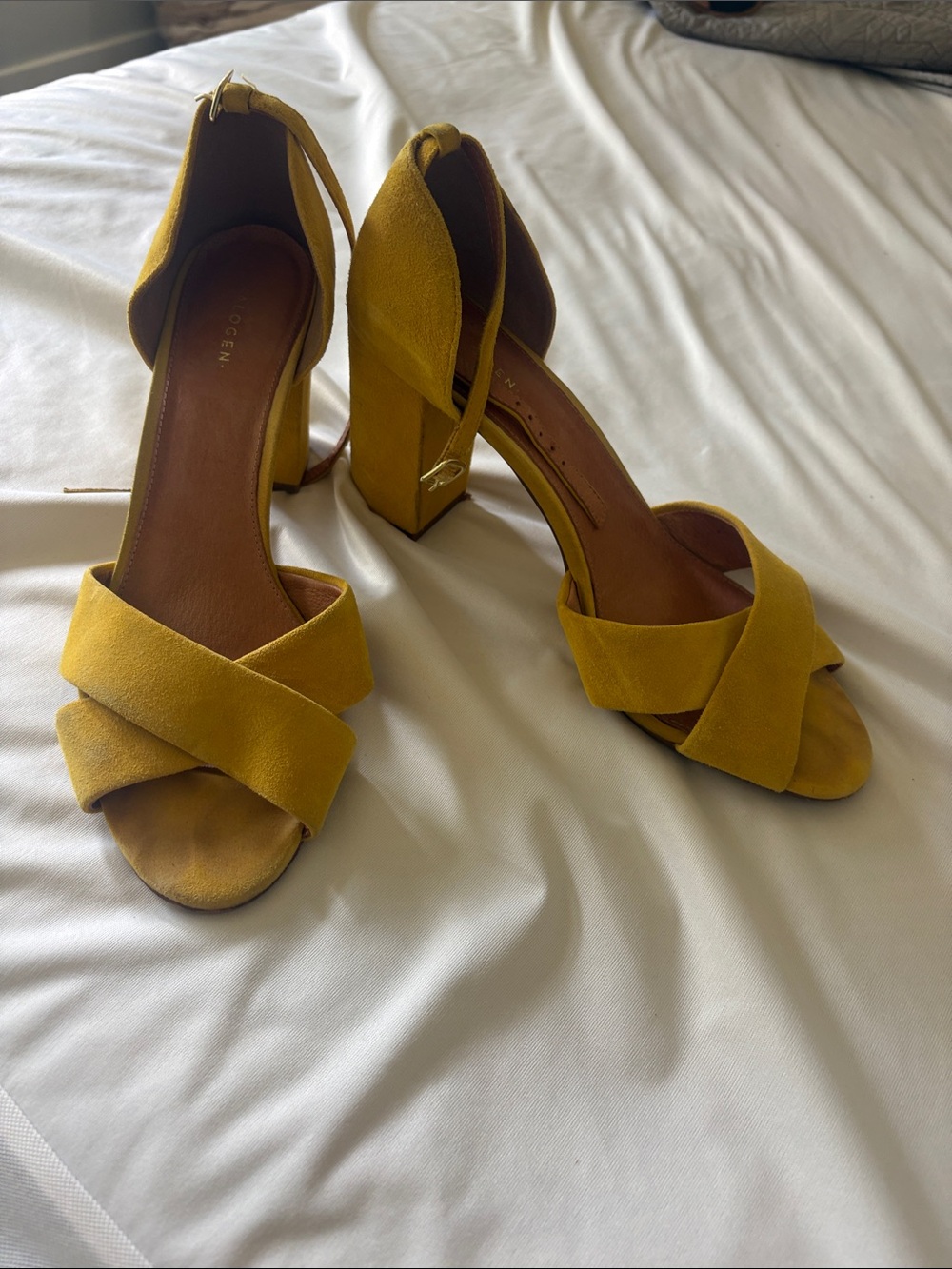 Halogen Mustard Yellow Suede Block Heel Sandals with Ankle Strap